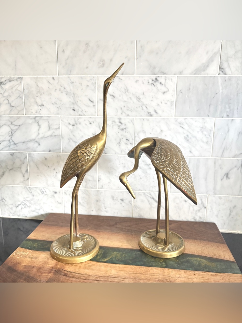 Vintage Pair of 11.5” Mid Century Brass Crane Figurines